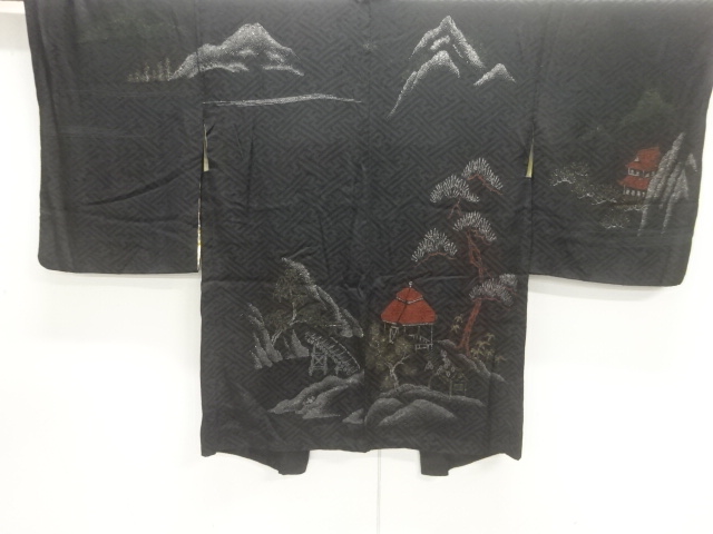 JAPANESE KIMONO / ANTIQUE TAISHO ROMAN MON KINSHA LACQUER LANDSCAPE PA